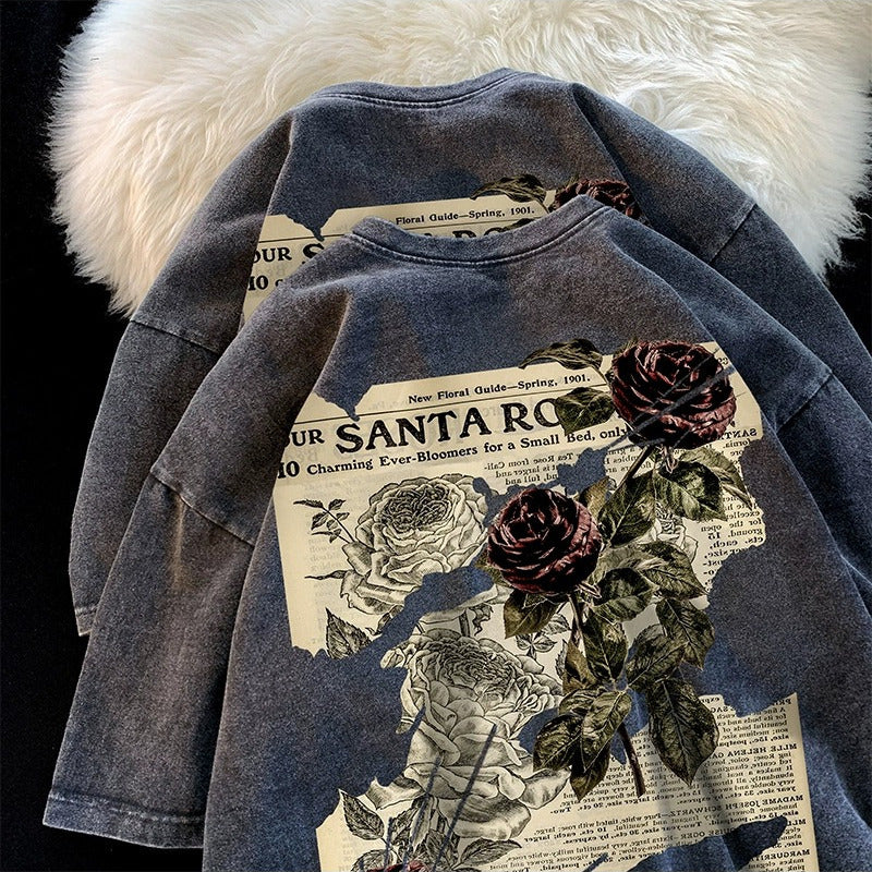 Retro Rose Print Cotton T-shirts for Men & Women