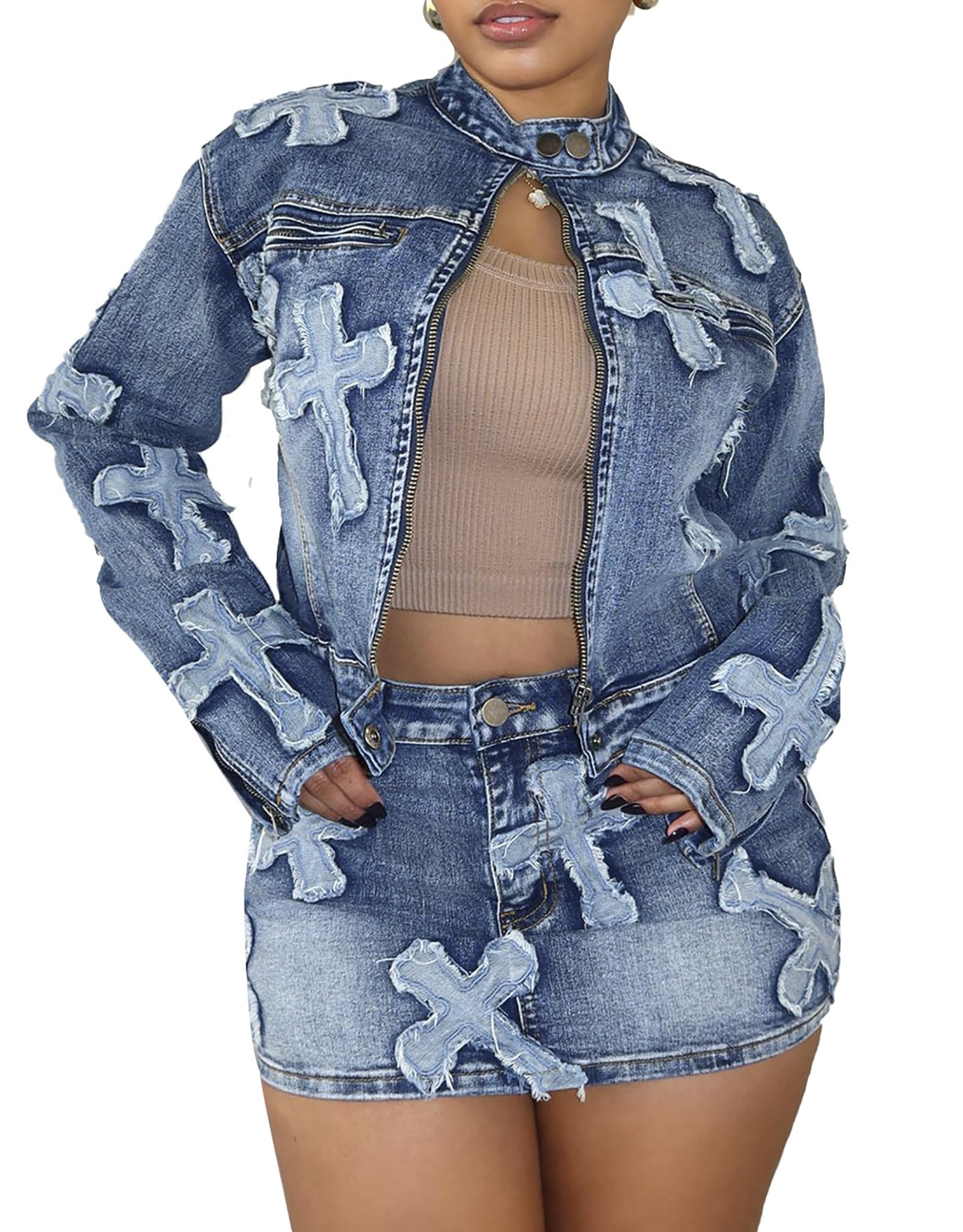 acelyn Women’s Denim Set 2 Piece Outfits Casual Denim Jacket & Mini Skirt Set Bodycon Jean Outfits with Pockets