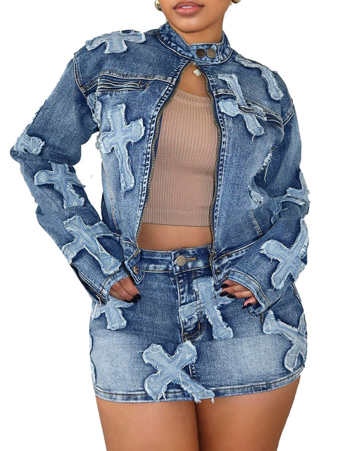 acelyn Women’s Denim Set 2 Piece Outfits Casual Denim Jacket & Mini Skirt Set Bodycon Jean Outfits with Pockets