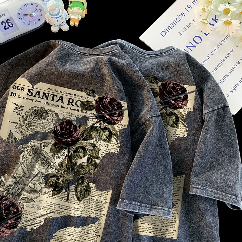 Retro Rose Print Cotton T-shirts for Men & Women
